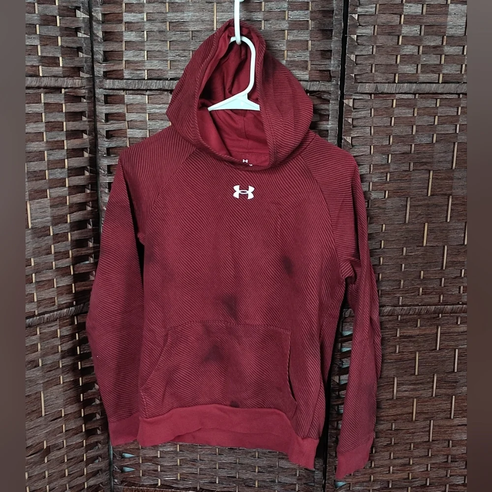 UNDER ARMOUR Boys UA Rival Fleece Youth Large Hoodie Red Maroon Striped Hoodie
